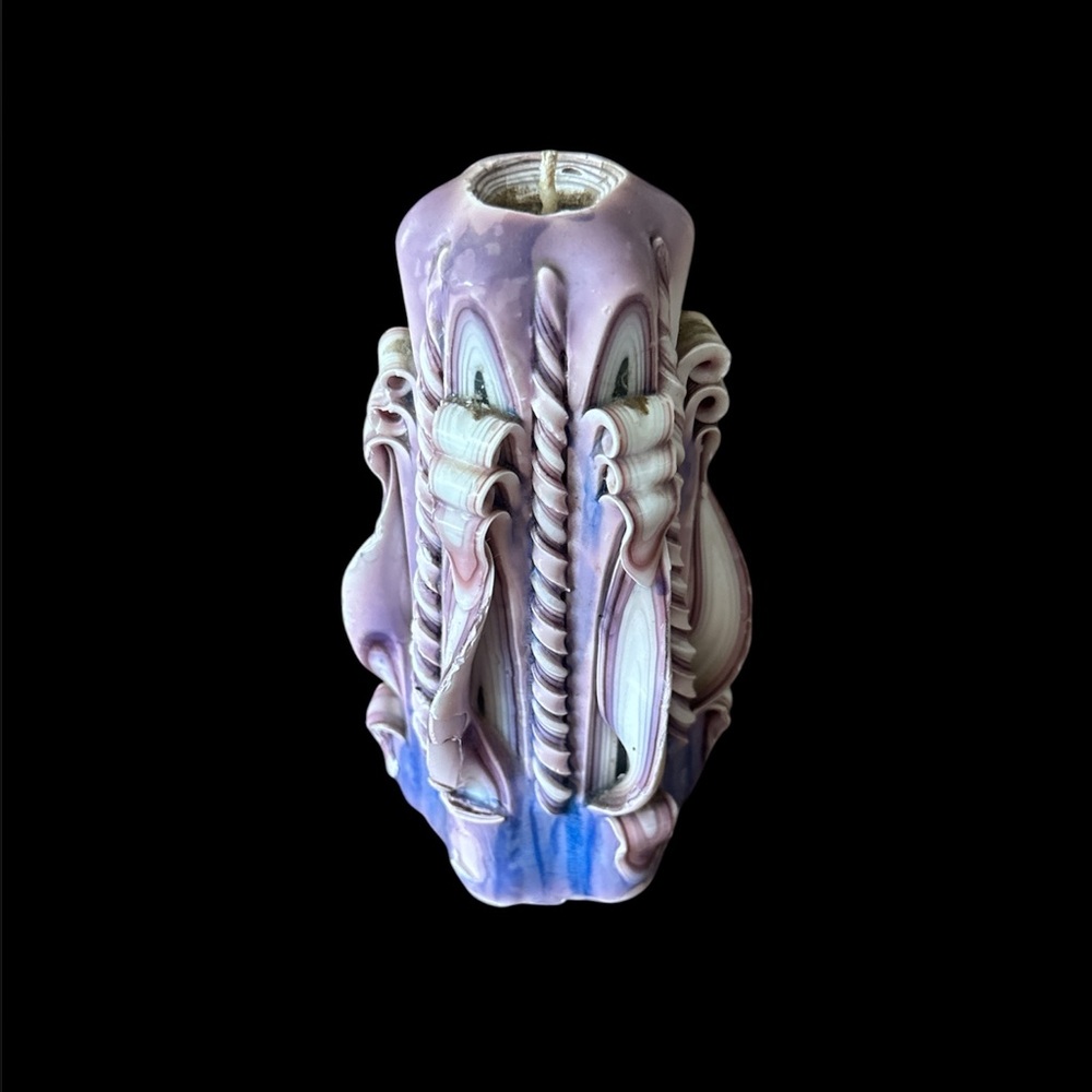 Vintage 1970s Pillar Dipped and Carved Lavender Purple Blue candle decor.